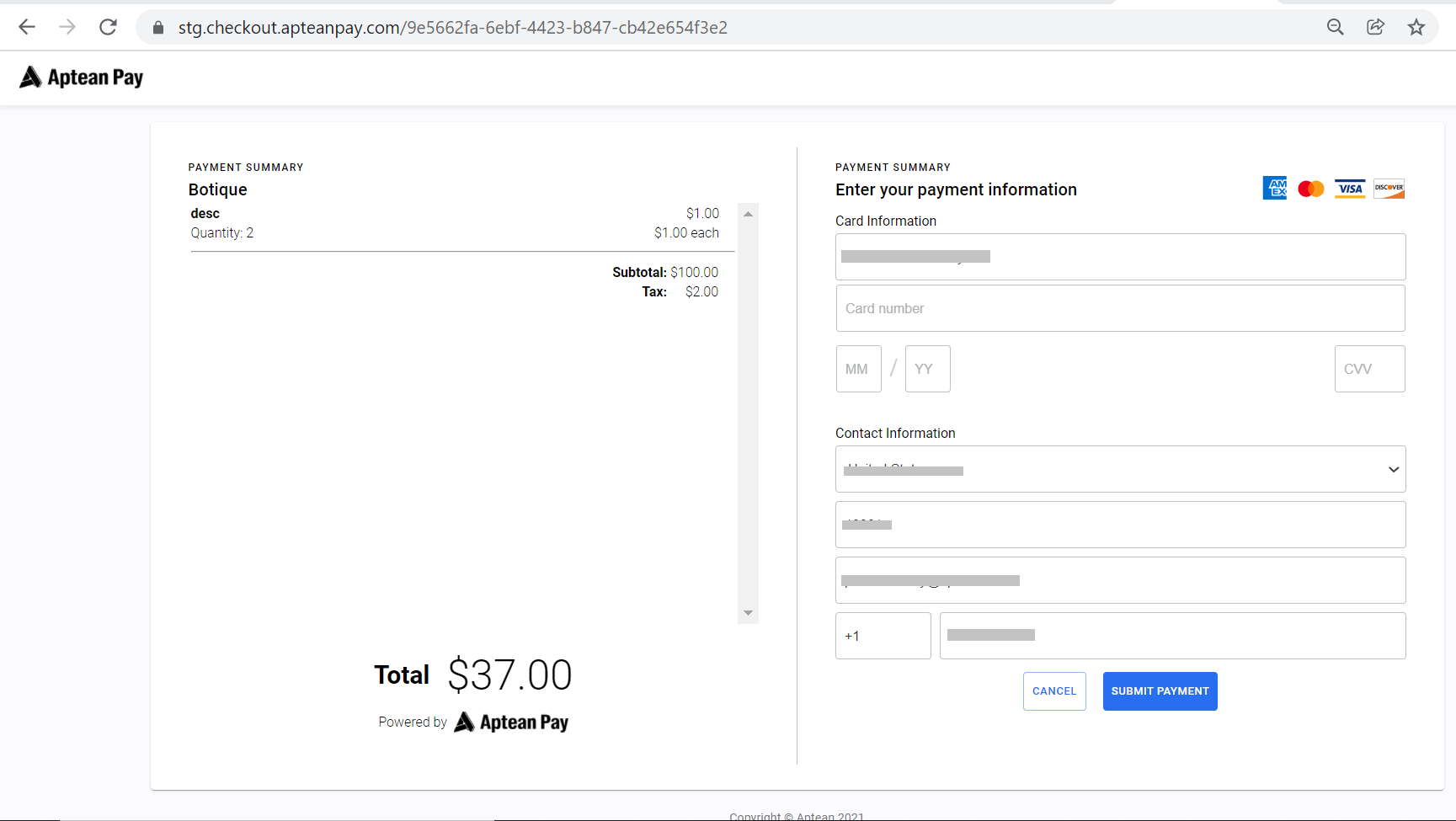 The Aptean Pay hosted checkout page