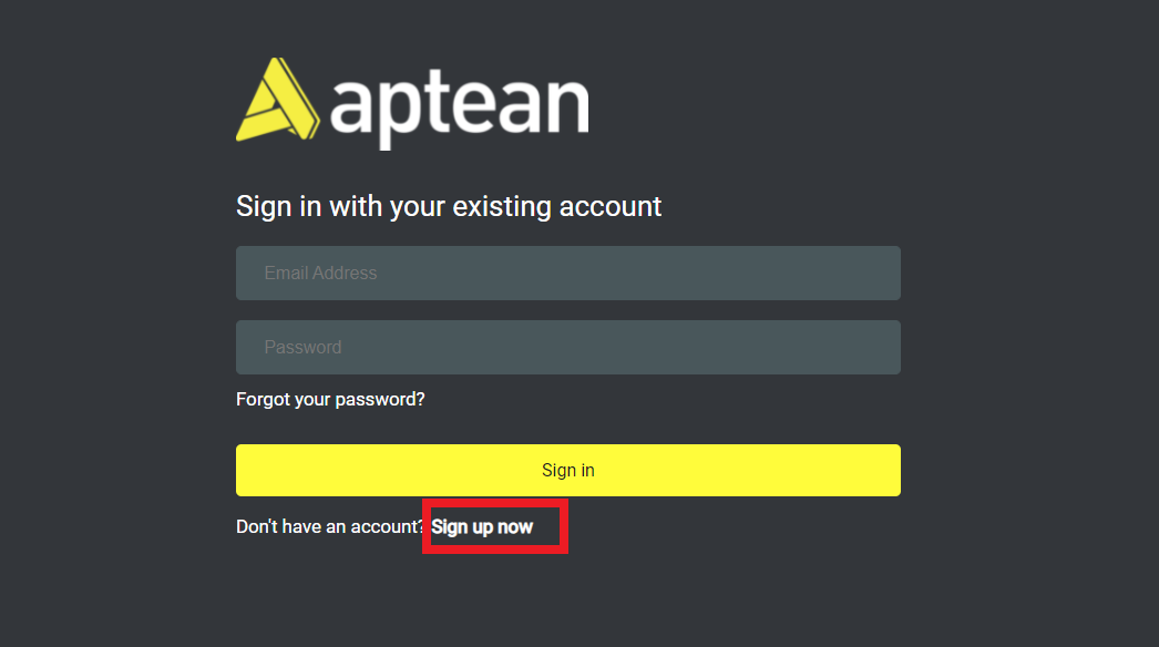 The merchant portal sign-in screen, with the Sign up now link below the sign-in button