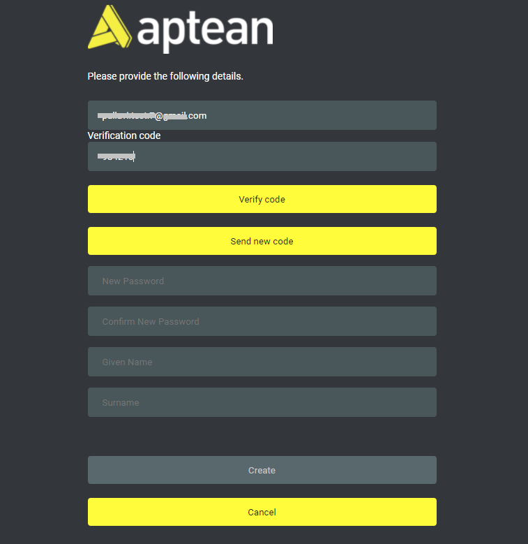 The sign-up form showing the verification code field